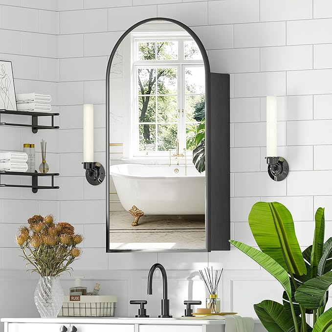 Arched Medicine Cabinet with Mirror, Brushed Black Wall Mounted Bathroom Mirror Cabinet, 3 Adjustable Shelves Storage, Reversible Door Opens Left to Right, Modern Metal Frame, 16 x 30 Inch