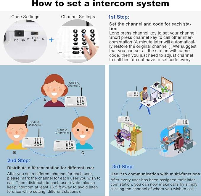 Wuloo Intercoms Wireless for Home 5280 Feet Range 10 Channel 3 Code, Wireless Intercom System for Home House Business Office, Room to Room Intercom, Home Communication System (6 Units Set, White)