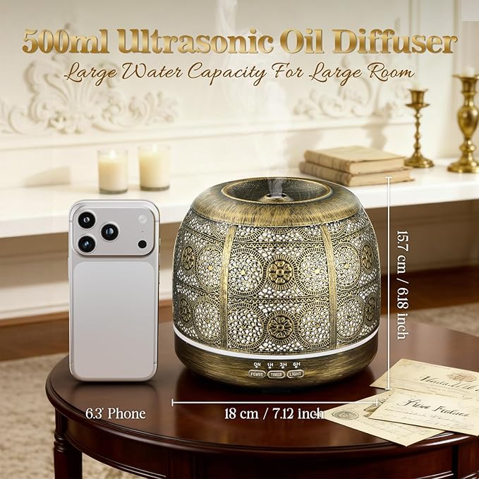 ARVIDSSON Essential Oil Diffuser, 500ml Aromatherapy Diffuser for Home, Ultrasonic Diffusers for Essential Oils, Metal Oil Diffuser with Mist Timer and Color Mood Light, Gift for Women and Men
