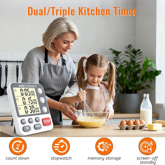 MOSTRUST Digital Dual Kitchen Timer, 3 Channels Countdown Triple Timer for Cooking, Magnetic Memory-Preset Large Display Adjustable Alarm Volume, Multi Times Management, 3A Battery Included, White