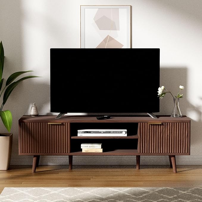 YLGJ&TIDY Modern Wood TV Stand Up to 60'',Universal Entertainment Center with 3-Tier Shelves,TV Console with Cabinets Storage,Wood Frame Television Stand (Brown)