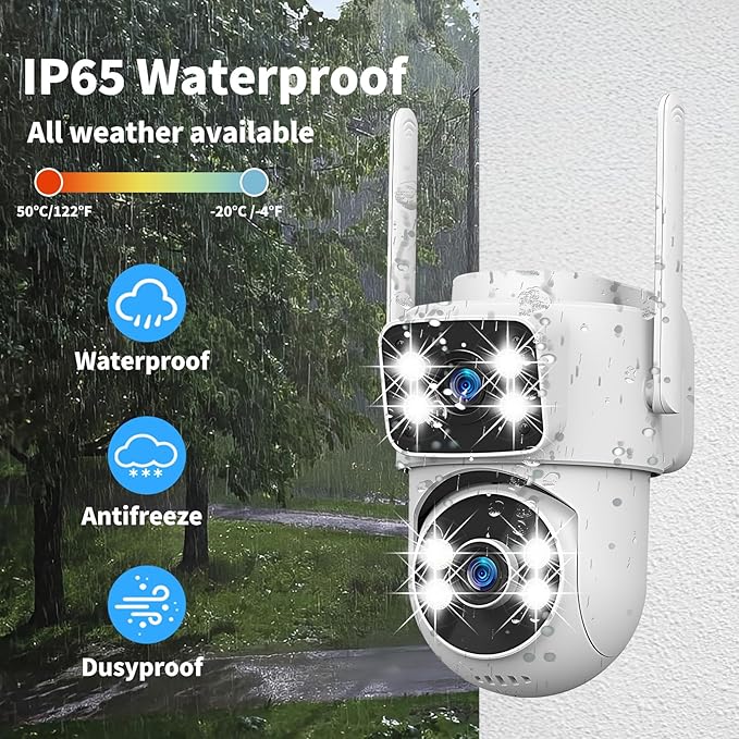 DZCCTVIPC Dual-Lens 2K Smart Indoor/Outdoor Security Camera, 5GHz Wi-Fi, 360° AI Motion Tracking,Color Night Vision,IP65 Weatherproof, 2-Way Audio,24/7 Recording,Works with Alexa & Google (No SD Card)