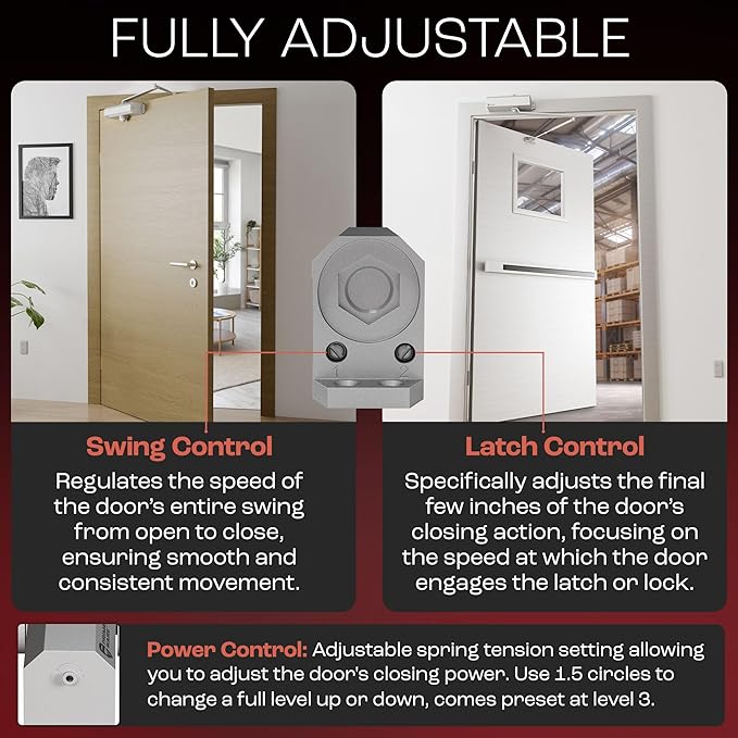 PrimeWare DC-600 Automatic Adjustable Door Closers for Home | Soft Close, No Slam | Residential and Commercial Door Closer | Level 1-6 | for Doors Weighing 30-300 lbs | Hydraulic Door Spring - Nickel