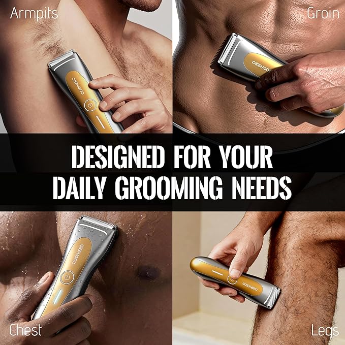 COSYHERO Manscape Groin & Body Hair Trimmer for Men, Electric Ball Shaver & Pubic Grooming Kit, LED Light, IPX7 Waterproof Wet/Dry Groomer, Rechargeable Manscaper with Ceramic Blades (Gold)