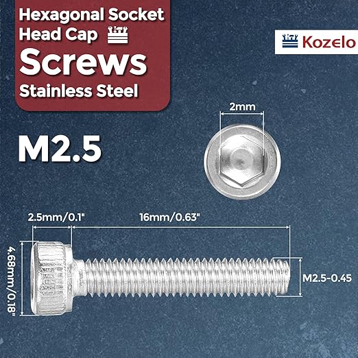 Kozelo 30pcs Socket Head Cap Screws - [M2.5-0.45 x 16mm] 304 Stainless Steel Allen Socket Drive for Electrical Motor 3D Printing Fan Engine Replacement Use, Silver