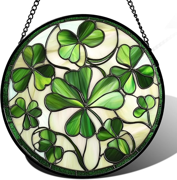 CRISGIF Stained Glass Window Hanging - Ireland Green Lucky Clover Suncatcher for Doors Garden St. Patrick's Day Sun Catchers Decor Mother's Day Birthday for Women Men Mom Nana 7.8 in