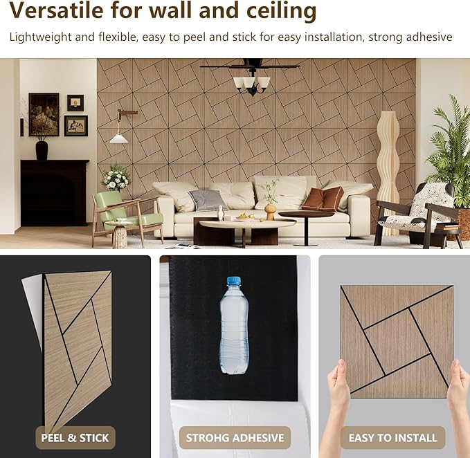 ARMURO 4 Packs Acoustic Wall Panels - Self-Adhesive 3D Wood Slat Wall Panel- Peel and Stick Sound Absorbing Panels for Noise Reducing - Feature Wall Decor for Home & Office