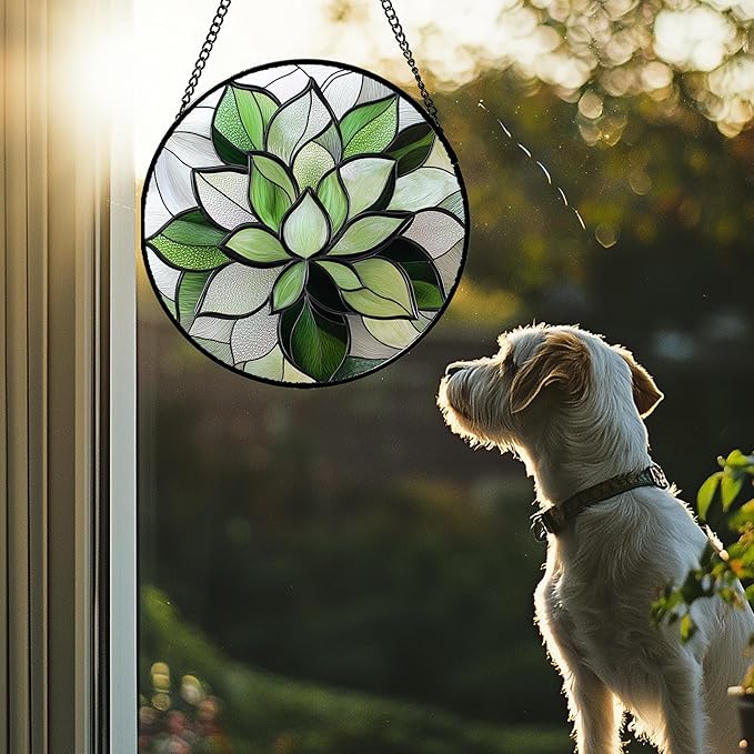 CRISGIF Stained Glass Window Hanging - Ireland Green Plants Suncatcher for Doors Garden Succulent Sun Catchers Decor Mother's St. Patrick's Day Birthday for Women Men Mom Nana 15 in