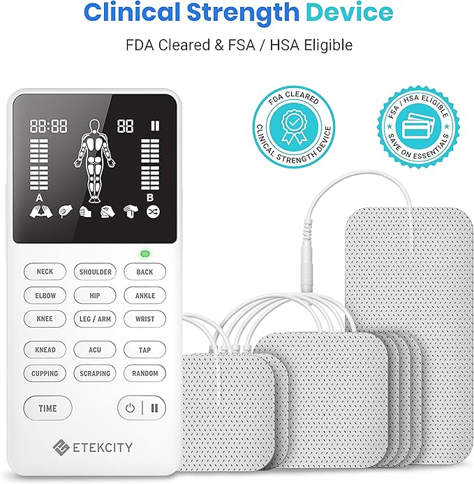 Etekcity 4-Channel Rechargeable TENS Unit,FSA-HSA Eligible Muscle Stimulator for Pain Relief, After-Exercise Relaxation, Physical Therapy, 8 Electrode Pads, Back,Neck,Shoulder,Sciatica, Period Cramps