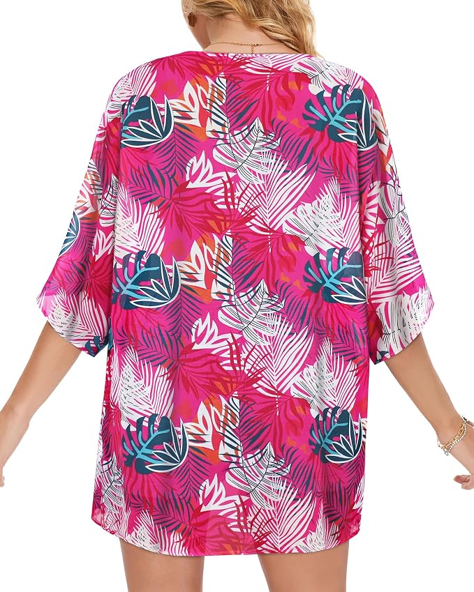Women's Floral Print Puff Sleeve Kimono Cardigan Loose Cover Up Casual Blouse - Image 5