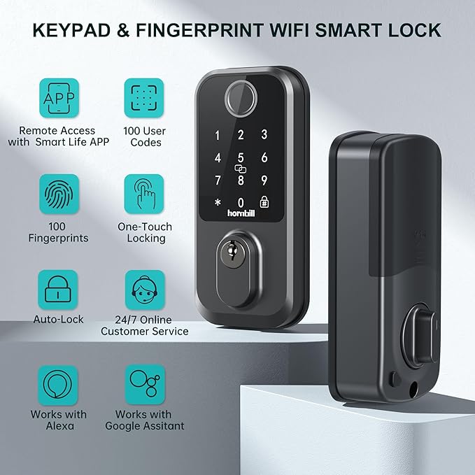 Keyless Entry WiFi Smart Lock, Hornbill Fingerprint Smart Deadbolt with App Control, Compatible with Alexa, Touchscreen Keypad Door Lock with Auto-Lock for Rentals Home