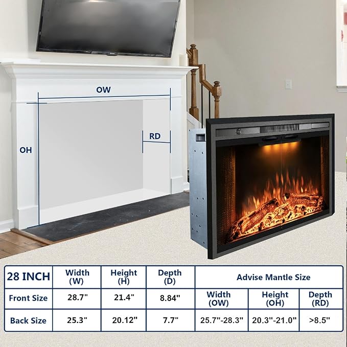 29 Inches Electric Fireplace Insert, 750W/1500W Fireplace Heater with Adjustable Flame and Top Light Colors, Fire Crackling Sound, Remote Control, Timer, Glass Door & Mesh Screen, Black