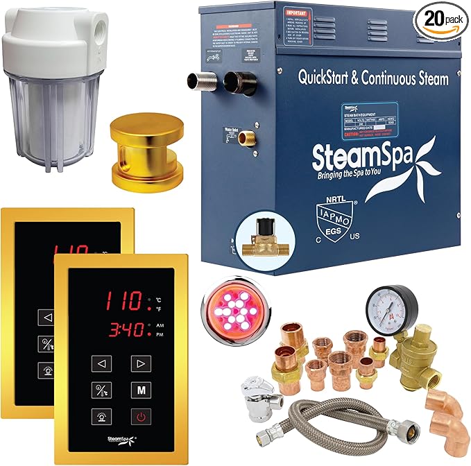 SteamSpa Executive 7.5 KW QuickStart ACU-Steam Bath Generator Package with Built-in Auto Drain and Install Kit Polished Gold, Steam Generator Kit with Dual Control Panel Steamhead 240V, (EXT750GD-A)