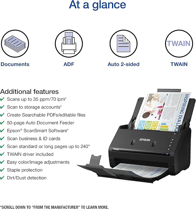 Epson Workforce ES-400 II Color Duplex Desktop Document Scanner for PC and Mac with Auto Doc Feeder (ADF), Image Adjustment Tools
