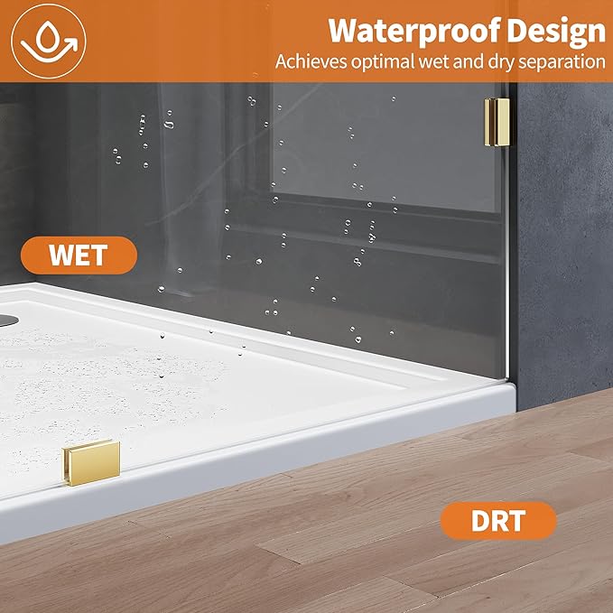 Shower Glass Panel, 36" W x 78.75" H Fixed Shower Screen Panel with 3/8"(10mm) SGCC Ultra Clear Tempered Glass, Frameless Walk in Shower Door with Easy‑Clean Coating (Bright Gold, 36" W x 78.75" H)