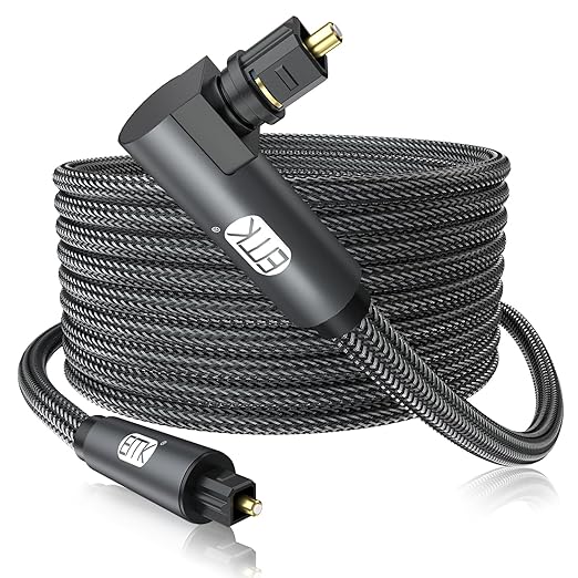 EMK 90 Degree Toslink Optical Cable 360 Degree Free-Rotating Plug Fiber Optic Cable S/PDIF Toslink Male to Male Cable for Home Theater, Sound Bar, TV, PS4, Xbox,Grey (25ft/7.6m)