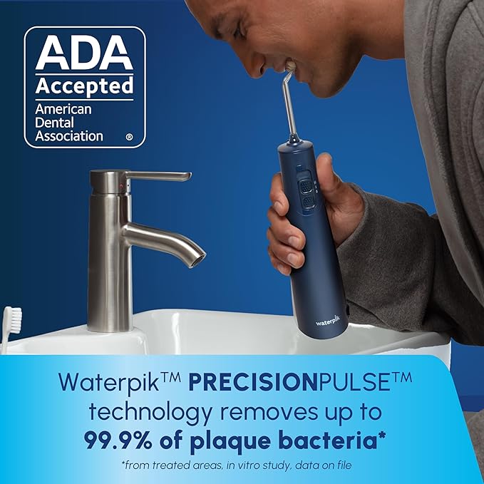 Waterpik Cordless Pulse Rechargeable Portable Water Flosser for Teeth, Gums, Braces Care and Travel with 2 Flossing Tips, Waterproof for Shower, ADA Accepted, WF-20 Blue, Packaging and Tips May Vary