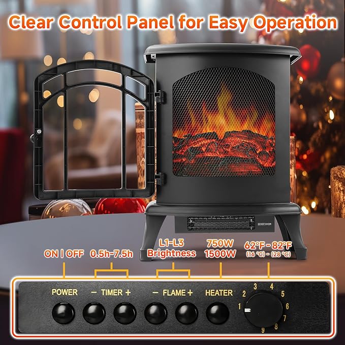 24" Electric Fireplace Heater Stove - Infrared Heater with Realistic LED 3D Flames and Remote Contro, Fire Place Electric, Fake Freestanding Fireplace for Indoor Use, Timer, 750 | 1500W