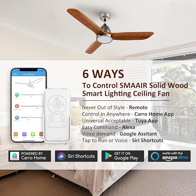 SMAAIR Walnut Solid 3- Blade Ceiling Fans with Lights, Dimmable LED Light, Reversible Motor Control on Remote & App Control 8 HrsTimer and 24 Hrs Schedule, Voice Device Connectable(52inch, Walnut)