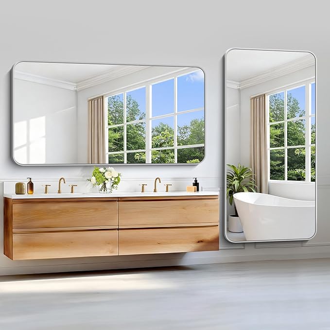 Silver Bathroom Mirror, 72 x 36 Inch Large Rectangle Mirror, Rectangular Vanity Mirror Aluminum Metal Frame, Rounded Corner Wall Mirror for Living Room Bedroom Entryway Horizontal/Vertical