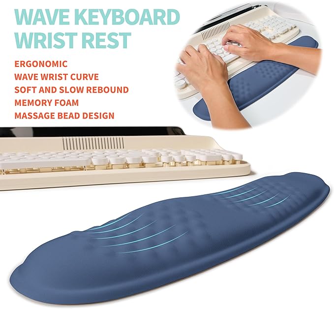 KUOSGM 2-in-1 Ergonomic Set, Wave Rise Keyboard Wrist Rest and Massage Bulge Slope Mouse Pad Wrist Support, Cushion Memory Foam Integrated to Relieve Wrist Pain, Dark Blue