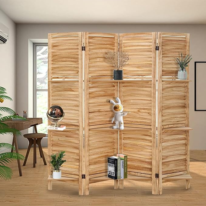 4 Panel Room Divider with Shelves, Room Dividers and Folding Privacy Screens, Folding Room Dividers 4 Panel, Wood Room Divider with 3 Display Shelves for Home Office (Natural)