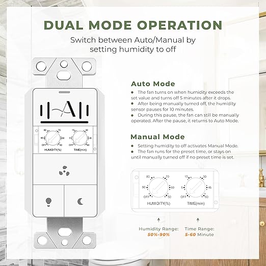 Akicon Humidity Sensor Switch with Motion-Activated Wall Plate, Bathroom Fan Timer Switch for Ventilation, Adjustable Humidity Settings, Fan and Light Control, ETL Listed, White