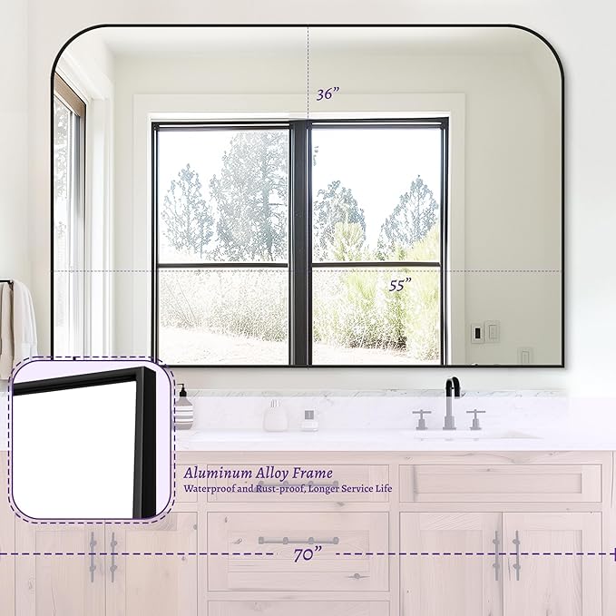Bathroom Mirror, Wall Mirrors, Black Metal Framed Wall-Mounted Mirrors, Bathroom Vanity Mirror for Over Sink, Living Room, Bedroom, Entryway, 55x36 Inch, Black