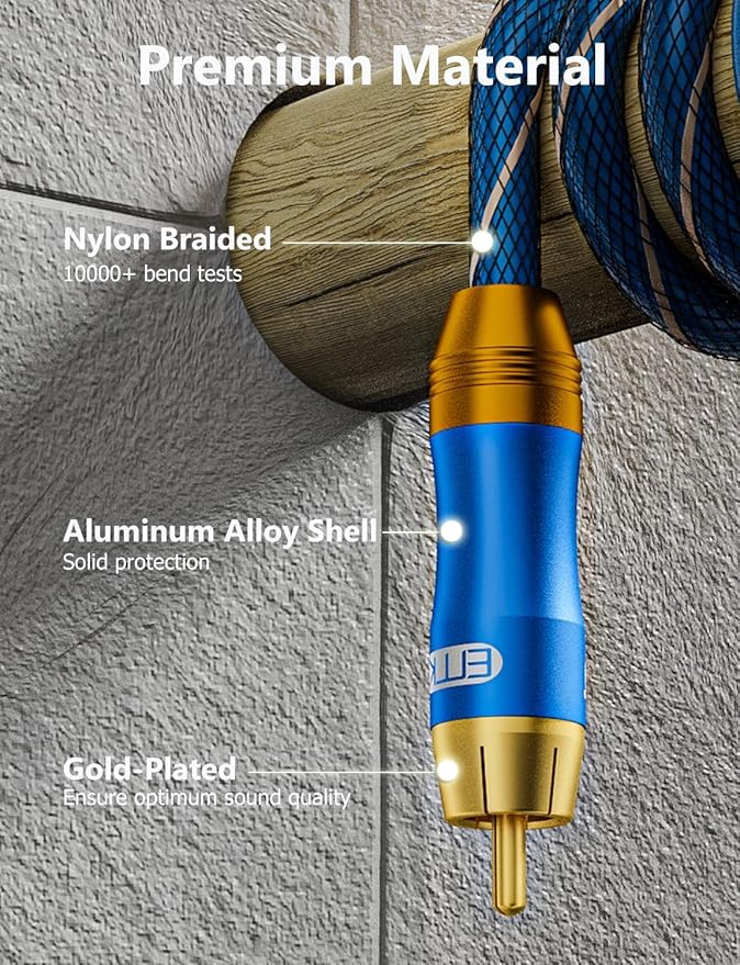 EMK Subwoofer Cable (6.6ft/2m) -Digital Coaxial/Subwoofer Cable Dual Shielded with Gold Plated RCA to RCA Connectors -Top Blue Series