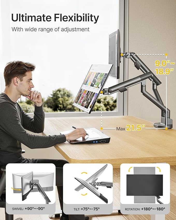monTEK Dual Monitor Stand for 2 Screens 17 to 35 Inch, Heavy Duty Monitor Mount Arm, VESA Mount Desk Stand with C-Clamp/Grommet Base, Holds up to 24.3 lbs Per Arm, VESA 75/100mm, Gray, MA1010DG-D