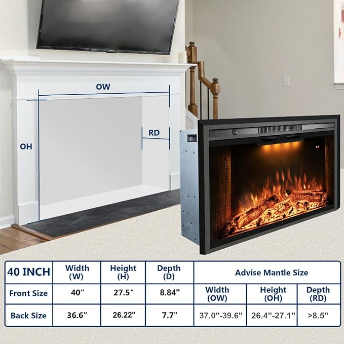 40“ Electric Fireplace Insert, 750W/1500W Fireplace Heater with Adjustable Flame and Top Light Colors, Fire Crackling Sound, Remote Control, Timer, Glass Door & Mesh Screen, Black