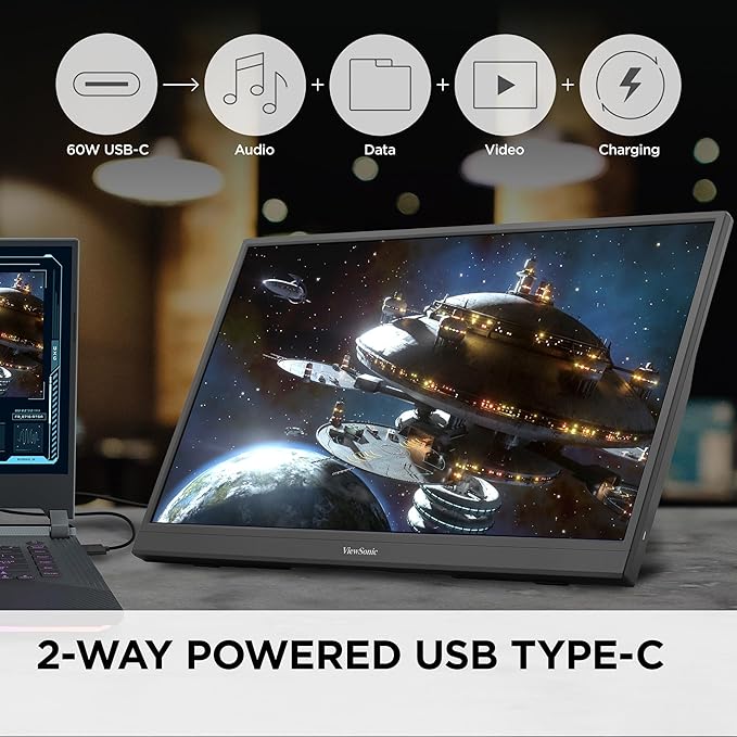 ViewSonic VX1754 17 Inch 1080p IPS Portable Gaming Monitor with 144Hz, AMD FreeSync, 2 Way Powered 60W USB C, Mini HDMI, and Built-in Stand with Protective Cover