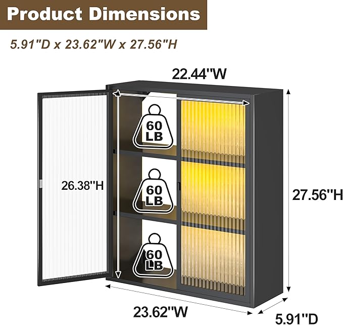 Bathroom Wall Cabinet Over Toilet, Metal Laundry Room Cabinets Wall Mounted, Metal Medicine Cabinets with Glass Doors, Hanging Wall Cabinets for Living Room, Black