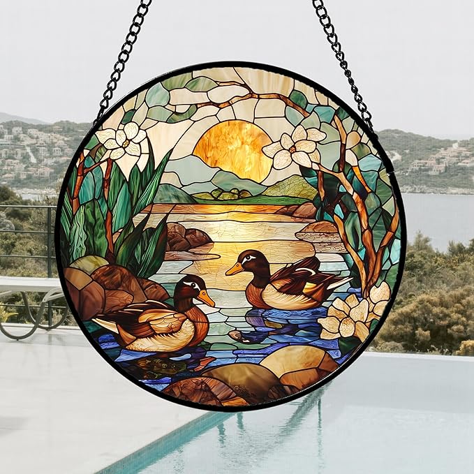 AMDERVEN Stained Glass Window Hanging, Ducks in The Pond Sun Catcher for Door Home Decor Landscape Plant Suncatcher Christmas Mother's Day Birthday Gifts for Women Men Mom Nana 11.8 in