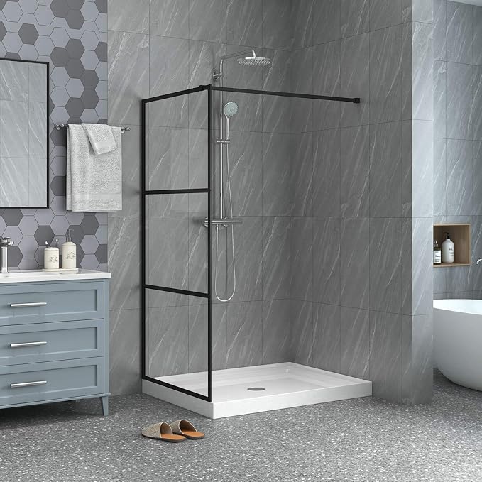 Goodyo Fixed Shower Door 34" X 72" Clear Tempered Glass Shower Screen Panel for Walk-in Bathroom, Black Framed 3 Pieces Shower Glass