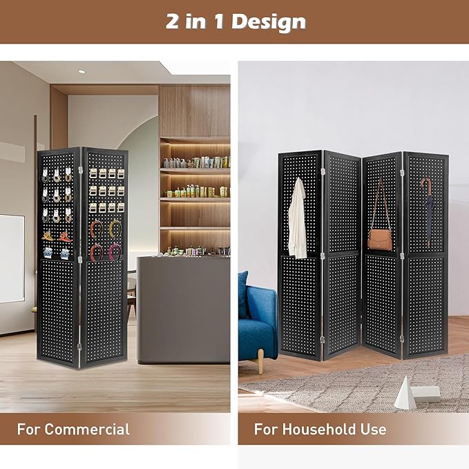 ECOMEX 4 Panel Room Divider, 5.6Ft Pegboard Display Wooden Room Divider Folding Privacy Screen Room Divider Freestanding Peg Board Display for Trade Show Craft Show Home Wall Organizer, Classic Black