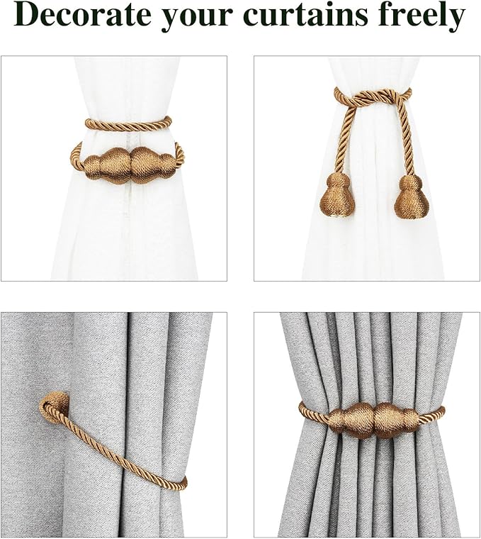 Nieffeiy Magnetic Curtain Tiebacks Outdoor Curtain Tie Backs Rope Decorative Magnetic Curtain Holders for Drapes Window Treatment Holdbacks, Khaki 4Pack