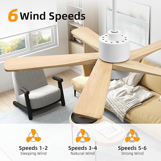 WINGBO 48 Inch DC Ceiling Fan with Lights and Remote Control, 5 Carved Solid Wood Blades, 6-Speed Noiseless Reversible DC Motor, Indoor Ceiling Fan in Gloss White Finish with Oak Blades