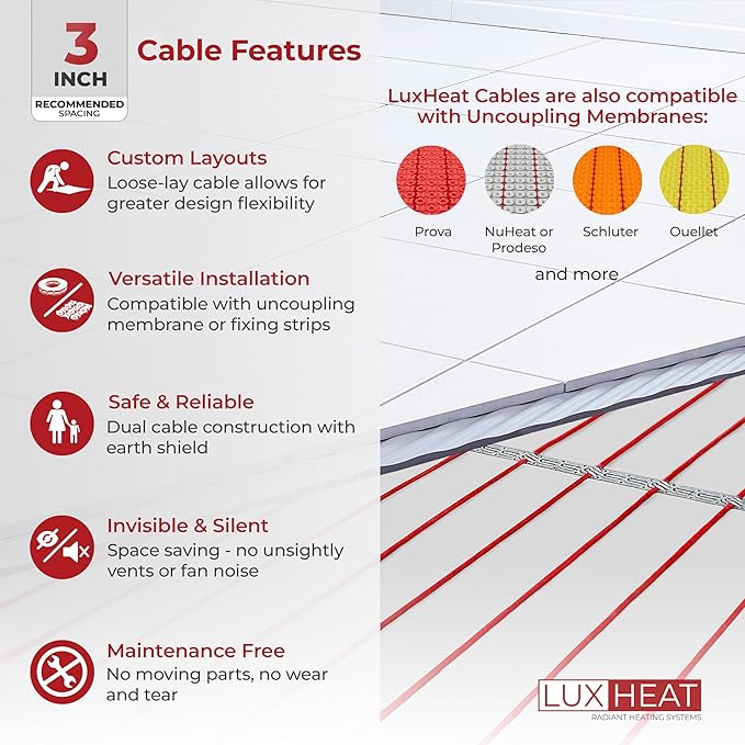LuxHeat 100sqft Floor Heating Cable Kit - 240v Electric In Floor Heating Kit - Heated Flooring System Includes UDG4 Programmable Thermostat w/GFCI, Heater Cable, Strapping, Flooring Sensor & Alarm