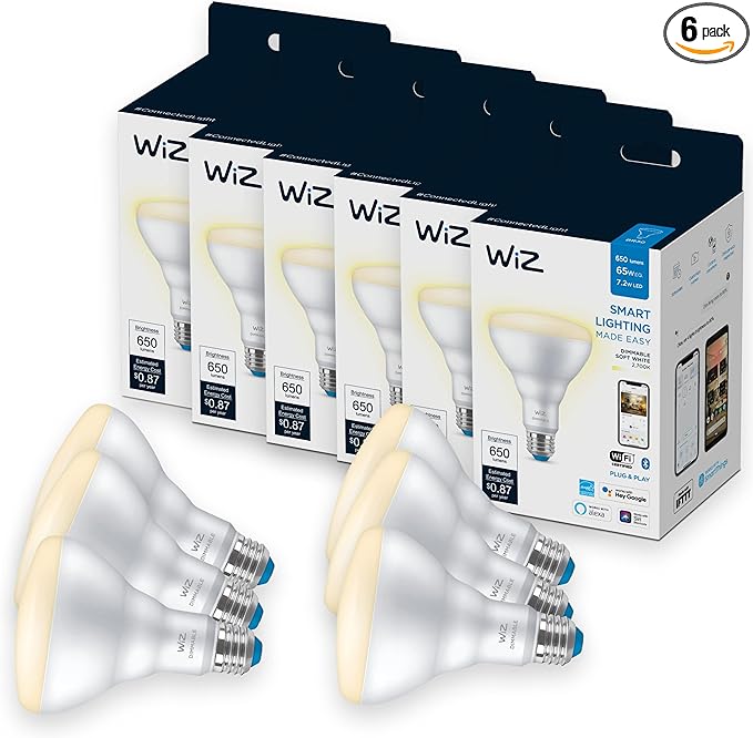 WiZ 65W BR30 Soft White LED Smart Bulb - Pack of 6 - E26- Indoor - Connects to Your Existing Wi-Fi - Control with Voice or App + Activate with Motion - Matter Compatible