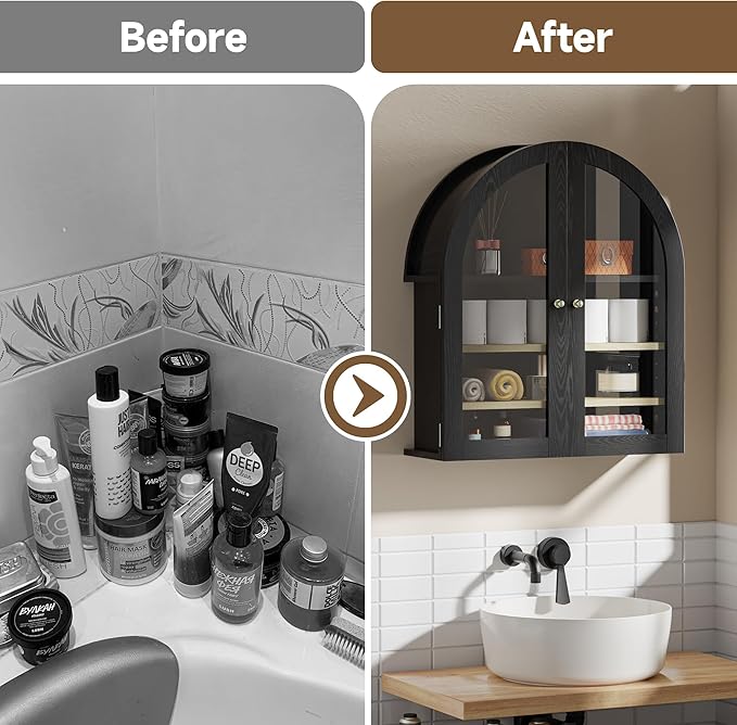 HOACT Arch Bathroom Wall Cabinet with Glass Door, 23.6" Above Toilet Storage Cabinet with Adjustable Shelves, Natural Medicine Cabinet for Kitchen, Laundry Room, Bedroom, Black