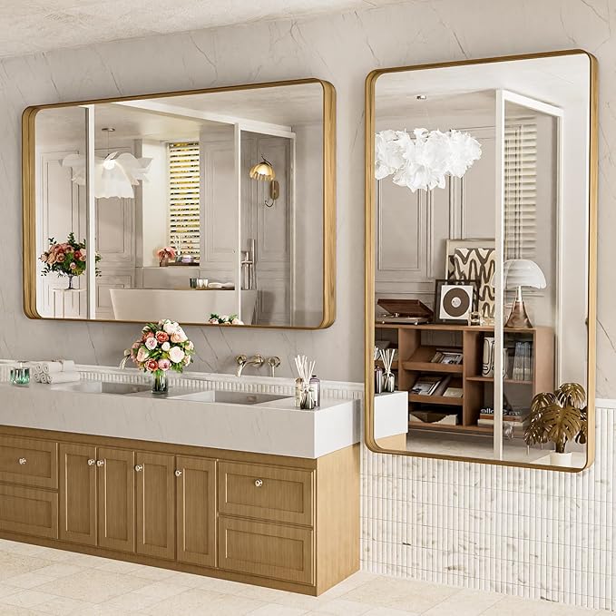 LOAAO 60X36 Inch Bathroom Mirror with Wood Grain Colored Metal Frame, Rounded Rectangle Metal Framed Bathroom Mirror, Anti-Rust, Hangs Horizontally or Vertically, Tempered Glass