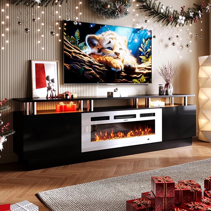 oneinmil Fireplace TV Stand with 36” Electric Fireplace, 80” 2 Tier TV Console Stand for TVs Up to 90", LED Light Entertainment Center, Fireplace for The Living Room TV Stand, Black