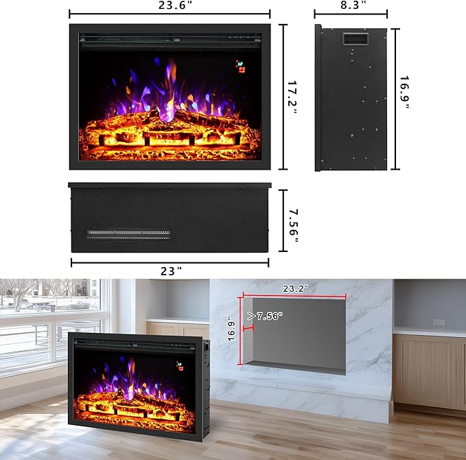 24.5" Electric Fireplace Inserts, Adjustable Brightness, Thermostat&Timer, Overheating Protection, 750/1500W