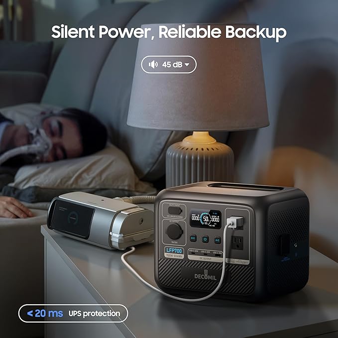 DECOMIL LFP700 Portable Power Station, 504Wh LiFePO4 Battery, 700W AC Output (1200W Peak), Wireless Charging, 80% in 50 Min, Solar Generator for Camping, Emergency, Home Backup (Solar Optional)