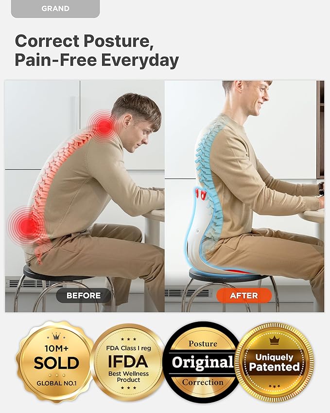 Curble GRAND(Extra Wide & Sturdy) 2PACK – Ergonomic Chair Back Support, Lumbar Support for Posture Correction, Back Pain Relief, Perfect for Office Chair, Floor Seat, Work from Home, Patented(2P Grey)