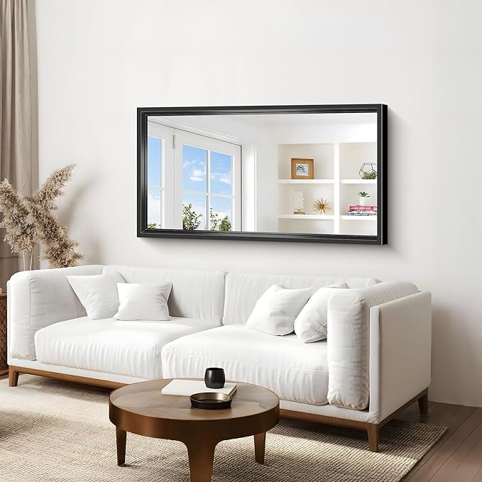Black Rectangle Mirror, 55 x 30 Inch Bathroom Mirrors for Over Sink, 0.6" Thickened Deep Frame Brushed Black Mirrors for Wall, Shatterproof Tempered Glass, Antirust, Horizontally or Vertically
