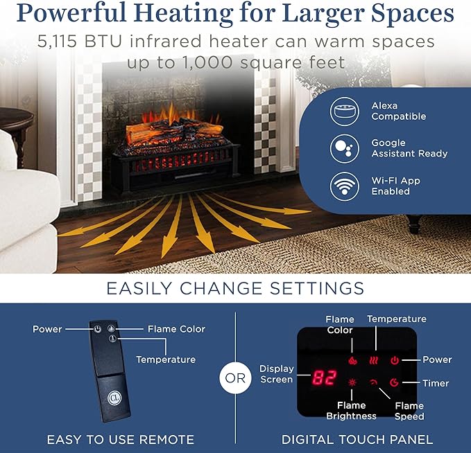 Country Living Electric Fireplace Logs, 27” LED Electric Fireplace Inserts with Infrared Heater, Electric Heater Heats up to 1000 Sq. Ft., Remote Controlled Infrared Heaters for Indoor Use, Black