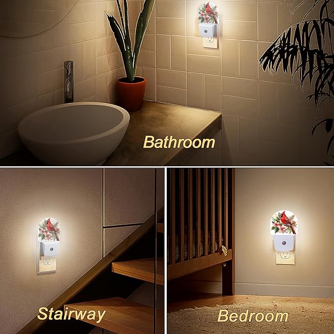 YESPOAK Night Light,Red Cardinal Bird Flowers Night Lights Plug Into Wall for Bedroom Bathroom Kitchen Hallway Stairs Hallway, Plug-in, Energy Efficient Decor Desk Lamp Gifts