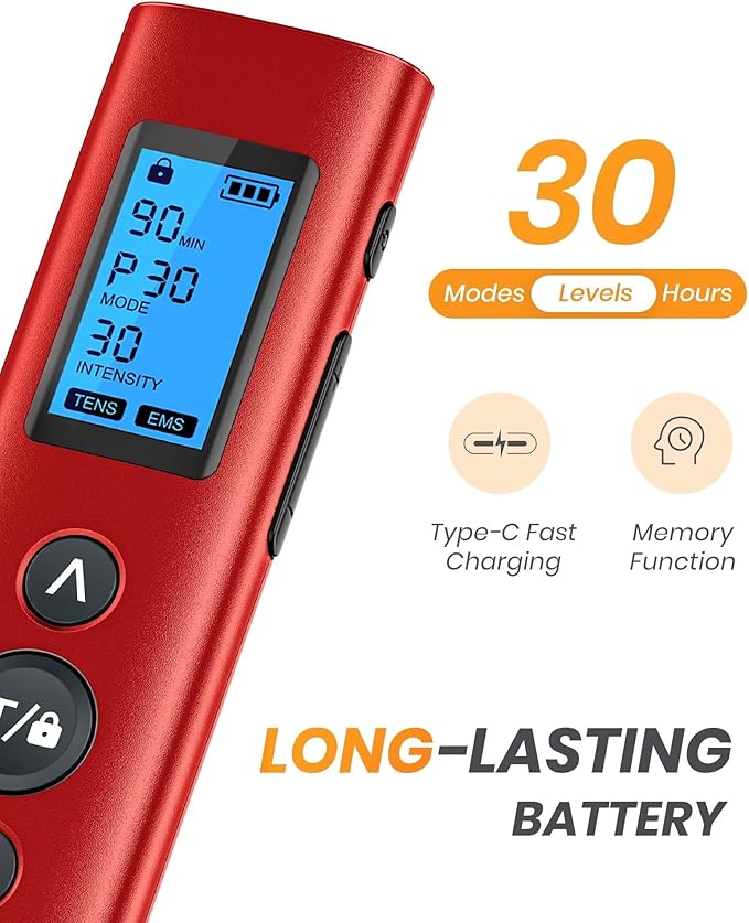 AVCOO 30 Modes TENS EMS Unit Compact Muscle Stimulator for Pain Relief, Rechargeable & Portable Dual Channel Muscle Stimulator with 30 Intensity Levels and 12 Electrode Tens Unit Replacement Pads Red